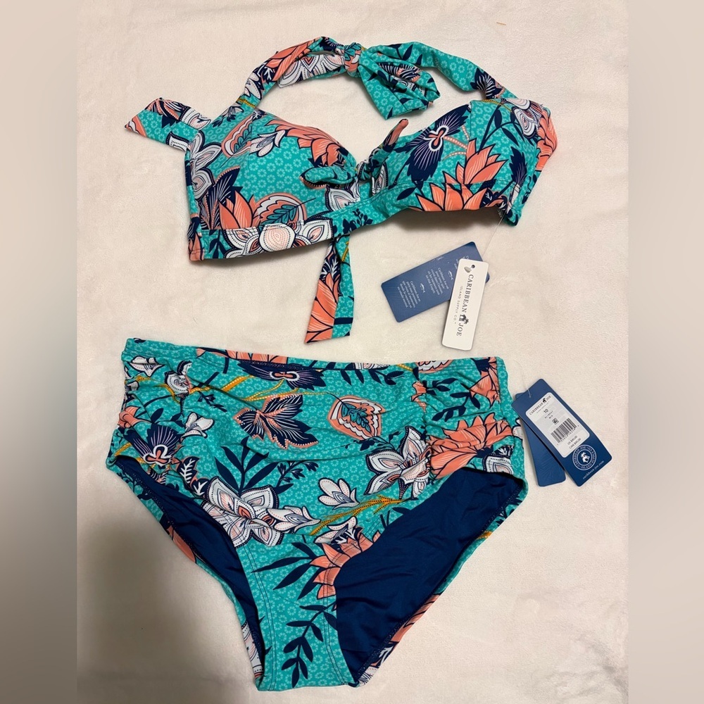 Caribbean Joe Teal and Coral Floral High-Waist Bikini